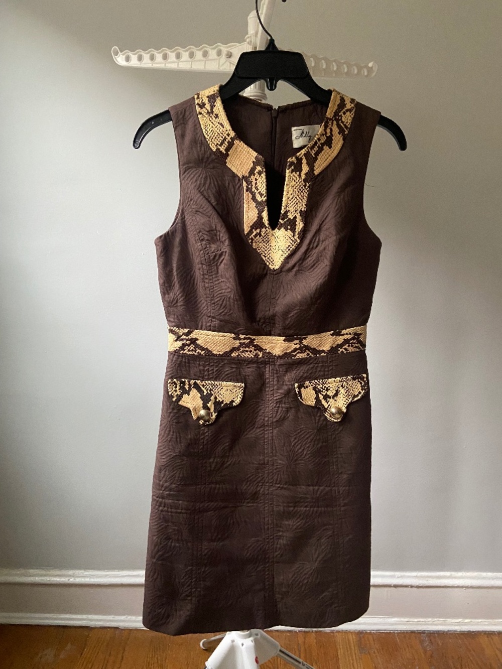 An Original Milly of New York Brown Sleeveless Sheath Dress with Snakeskin Trim